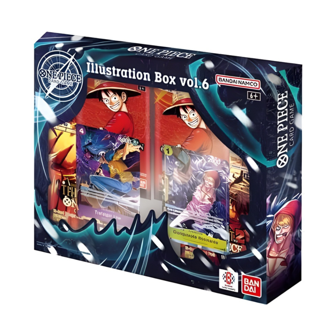The One Piece Card Game Illustration Box Vol. 6 [IB-06] display box, showcasing exclusive promotion cards and booster packs from the OP-13 and PRB-02 sets.