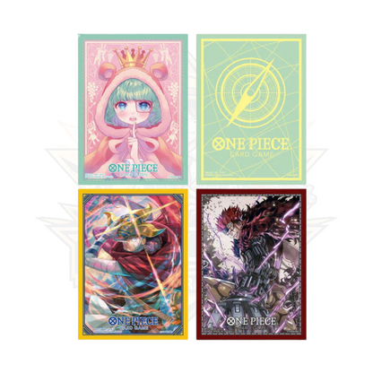 One Piece Card Game official sleeves set featuring four colorful anime designs.
