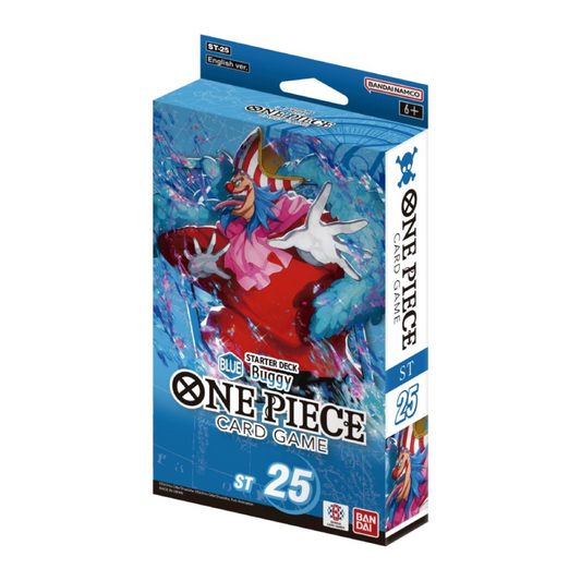 One Piece Card Game ST-25 Starter Deck featuring Buggy the Star Clown with blue-themed packaging