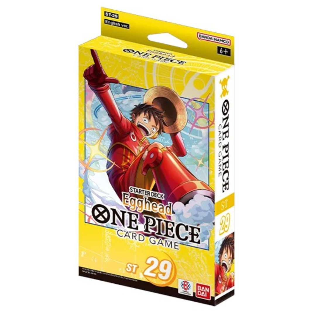 One Piece Card Game ST-29 Egghead Starter Deck box featuring Yellow Monkey D. Luffy and the Straw Hat Crew in futuristic outfits.