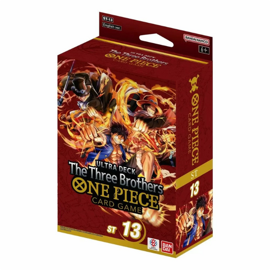 One Piece Card Game Ultra Deck – The Three Brothers [ST-13] box with holographic cards, bonus pack, and accessories displayed.