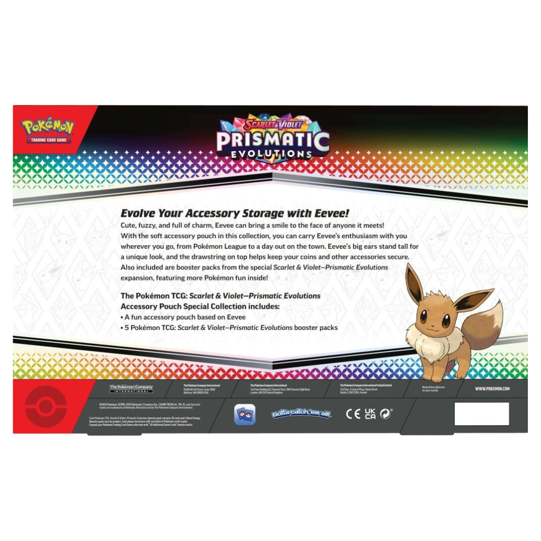 Pokémon TCG Prismatic Evolutions Accessory Pouch – Scarlet & Violet 8.5 themed zip storage for dice and game tools.