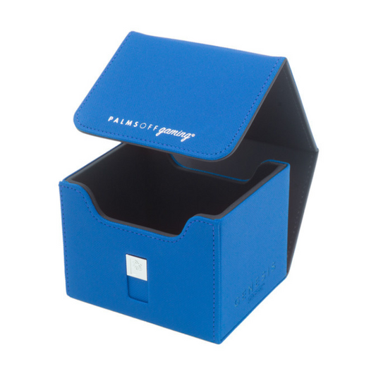 Palms Off Gaming Genesis Deck Box in Blue, showcasing its durable design and magnetic lid closure