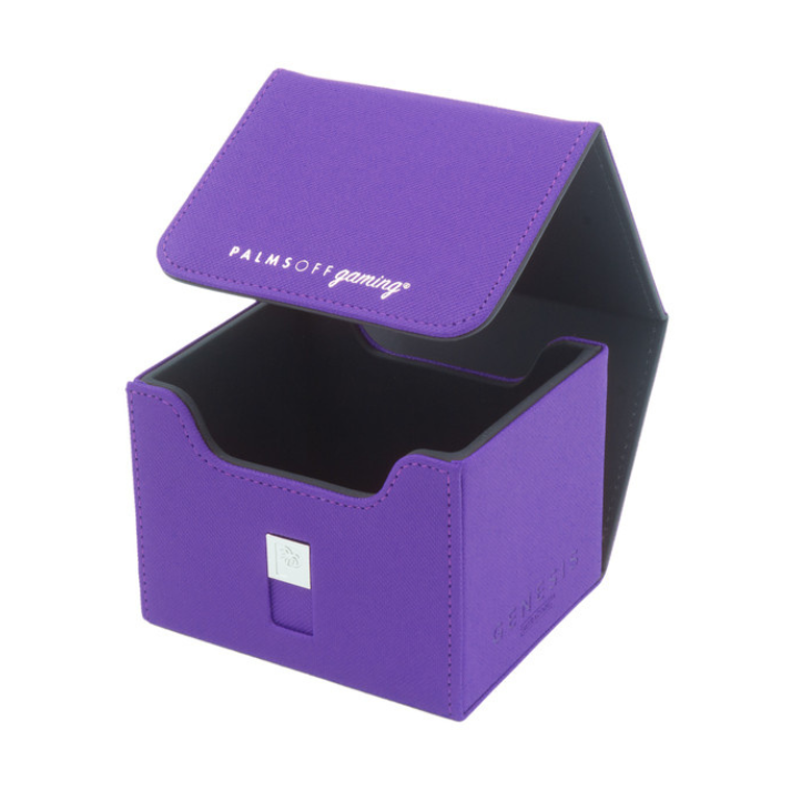 Palms Off Gaming Genesis Deck Box in Purple, showcasing its durable design and magnetic lid closure