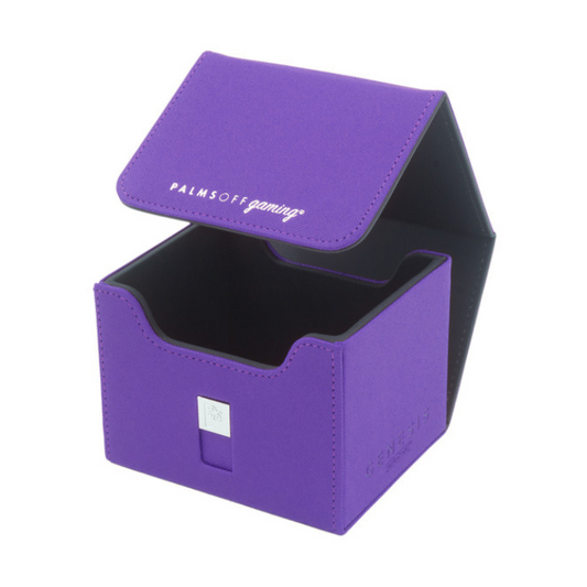 Palms Off Gaming Genesis Deck Box in Purple, showcasing its durable design and magnetic lid closure