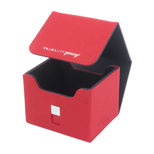 Palms Off Gaming Genesis Deck Box in Red, showcasing its durable design and magnetic lid closure