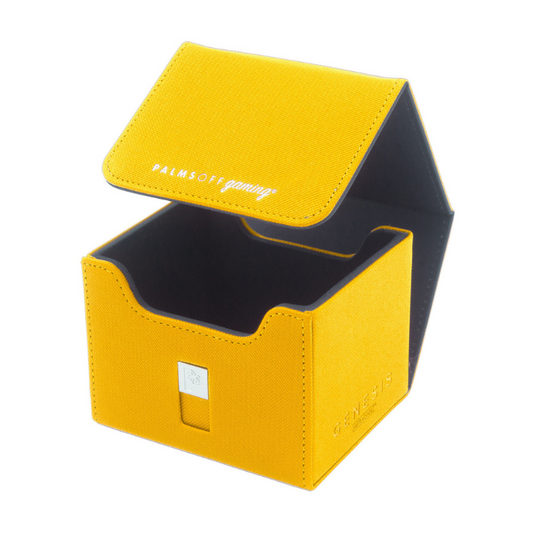 Palms Off Gaming Genesis Deck Box in Yellow, showcasing its durable design and magnetic lid closure