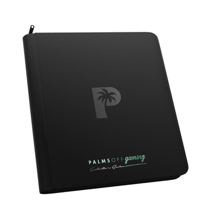 Palms Off Gaming - Collector's Series - 12 Pocket Zip Trading Card Binder closed, highlighting its textured finish and stitched border accents.