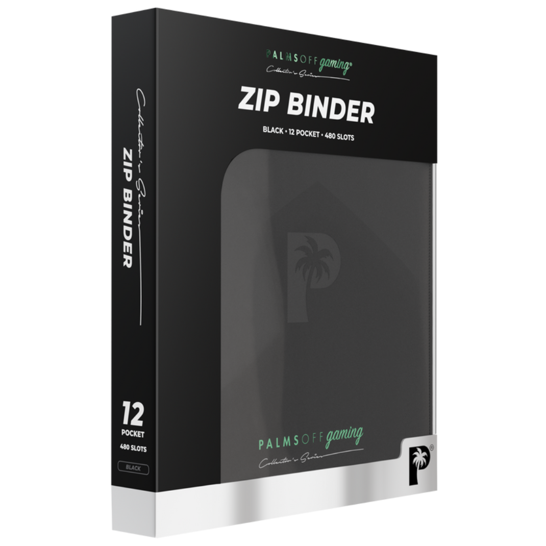 Palms Off Gaming - Collector's Series - 12 Pocket Zip Trading Card Binder closed, highlighting its textured finish and stitched border accents.