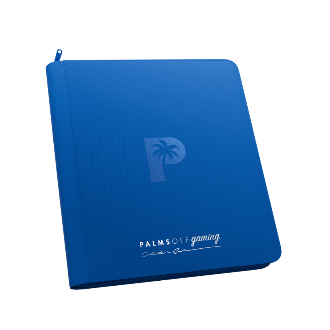 Palms Off Gaming - Collector's Series - 12 Pocket Zip Trading Card Binder closed, highlighting its textured finish and stitched border accents. Blue