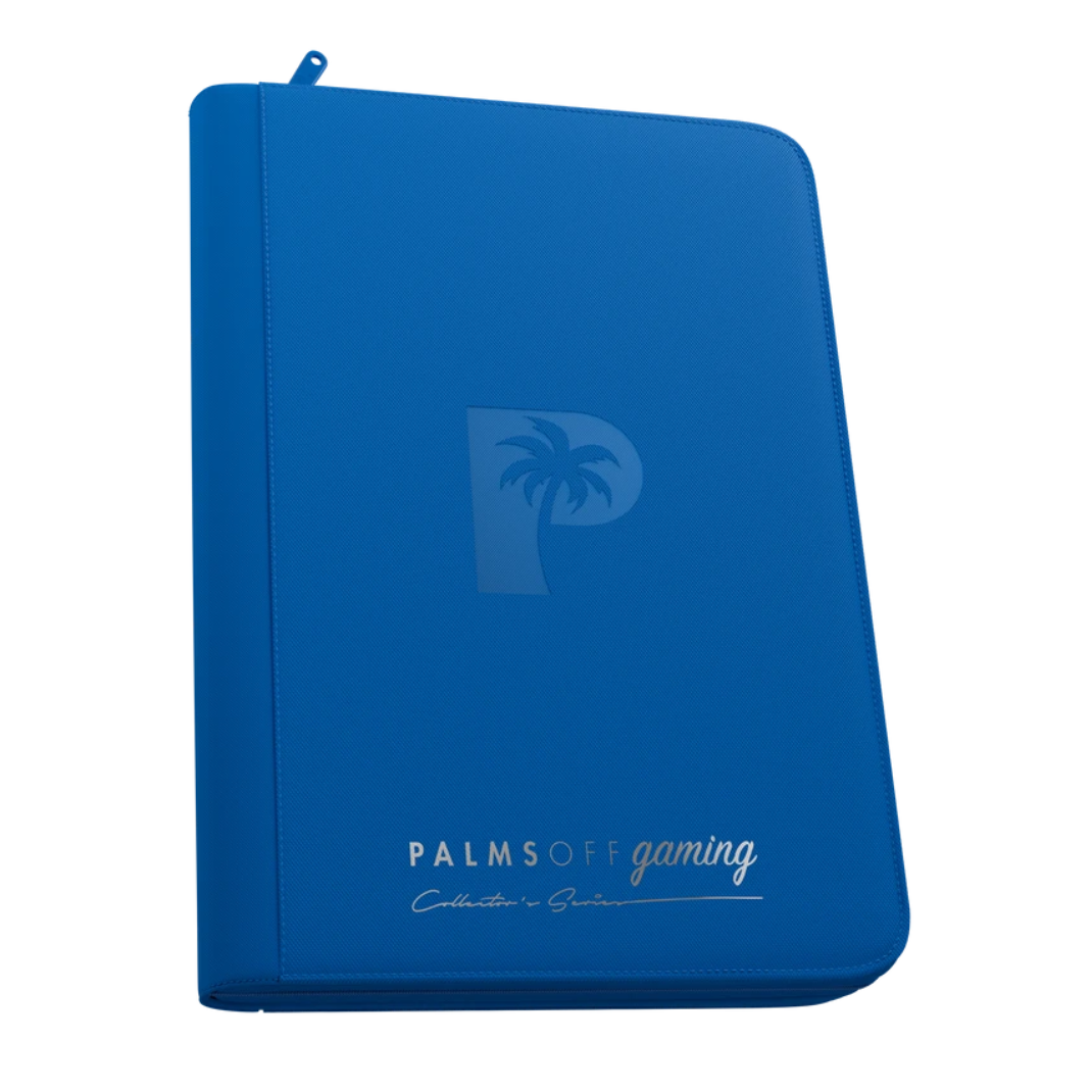 Palms Off Gaming - Collector's Series - 9 Pocket Zip Trading Card Binder closed, highlighting its textured PU leather cover and steel zipper perimeter. Blue