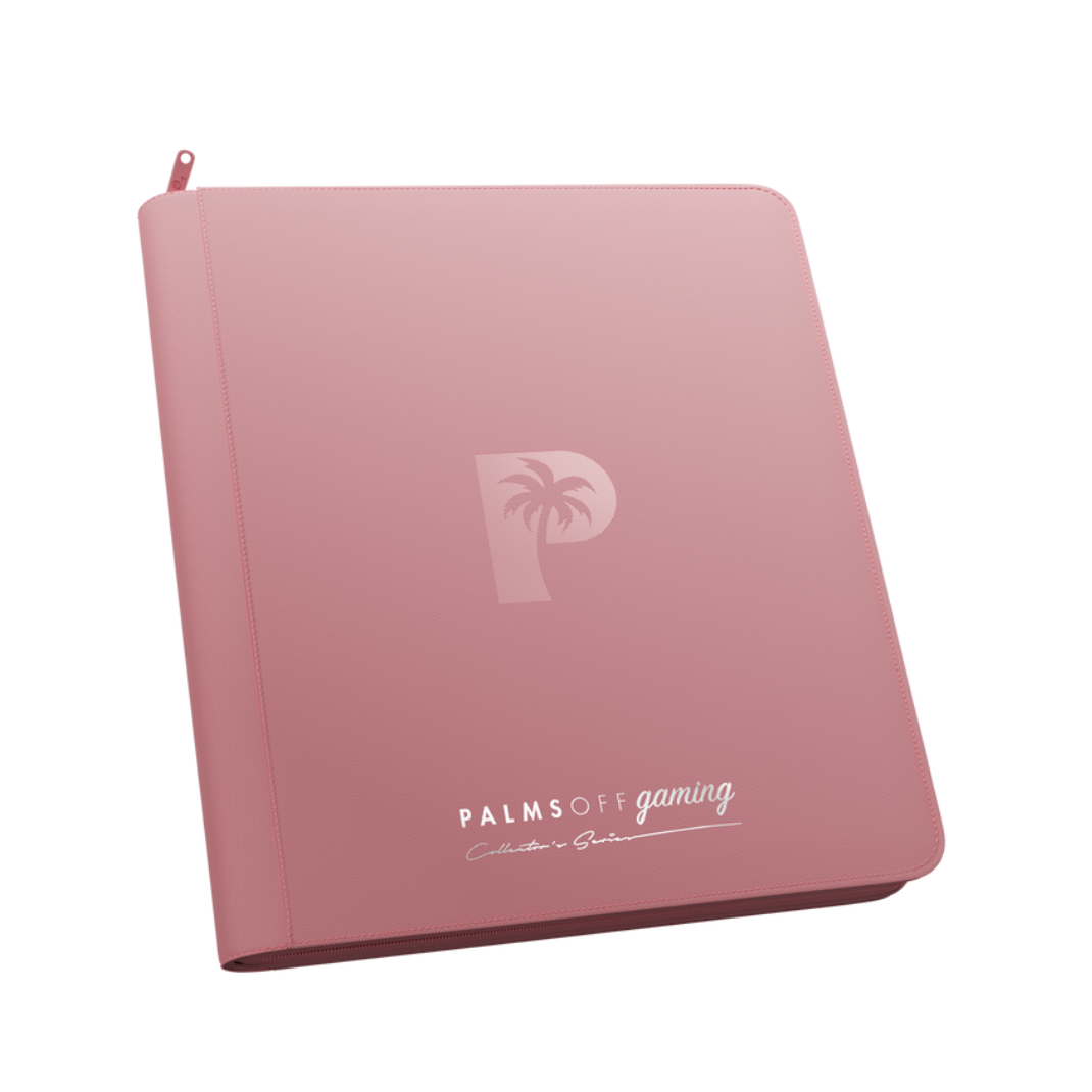 Palms Off Gaming - Collector's Series - 12 Pocket Zip Trading Card Binder closed, highlighting its textured finish and stitched border accents. Pink