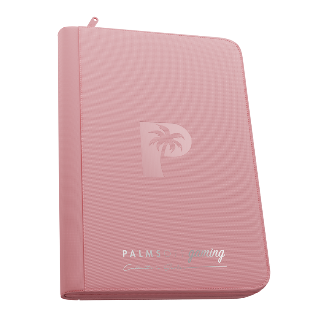 Palms Off Gaming - Collector's Series - 9 Pocket Zip Trading Card Binder closed, highlighting its textured PU leather cover and steel zipper perimeter. - Pink