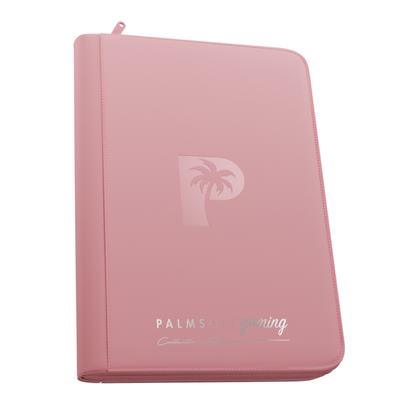 Palms Off Gaming - Collector's Series - 9 Pocket Zip Trading Card Binder closed, highlighting its textured PU leather cover and steel zipper perimeter. - Pink