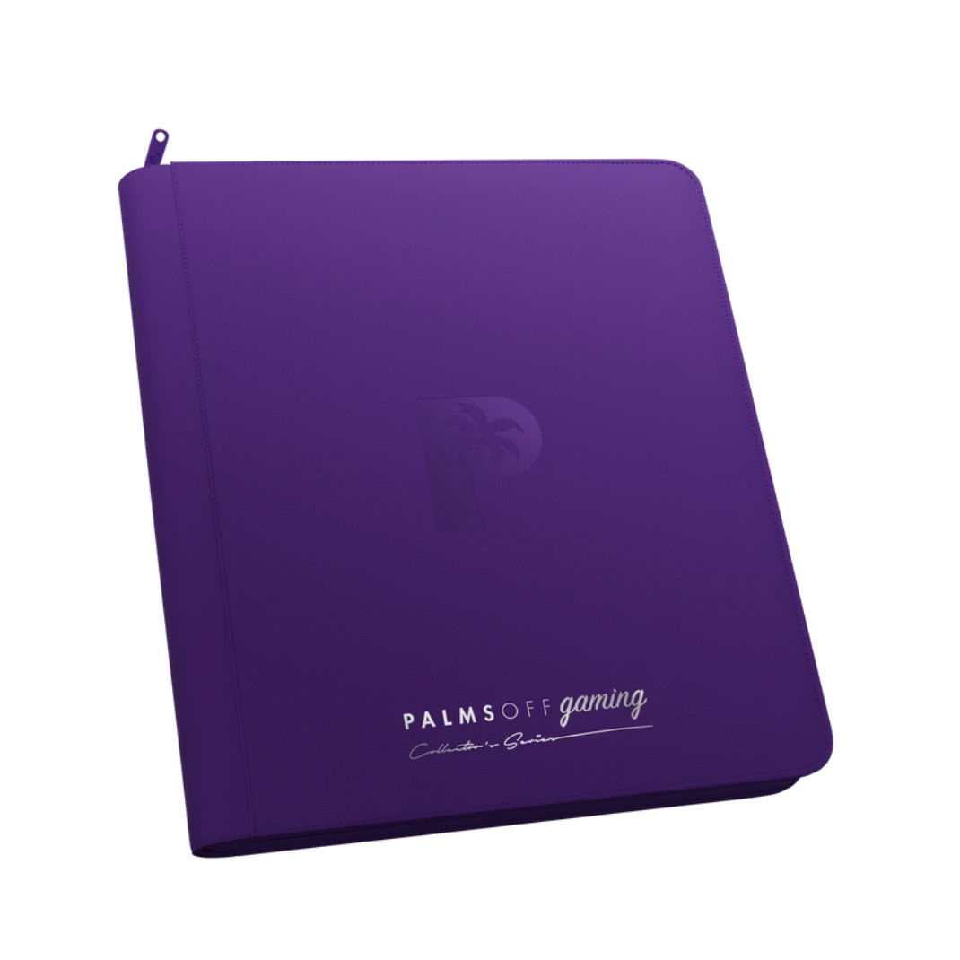 Palms Off Gaming - Collector's Series - 12 Pocket Zip Trading Card Binder closed, highlighting its textured finish and stitched border accents. Purple