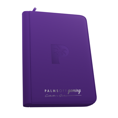 Palms Off Gaming - Collector's Series - 9 Pocket Zip Trading Card Binder closed, highlighting its textured PU leather cover and steel zipper perimeter. - Purple