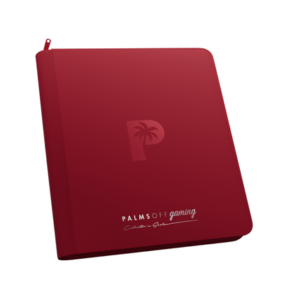 Palms Off Gaming - Collector's Series - 12 Pocket Zip Trading Card Binder closed, highlighting its textured finish and stitched border accents. Red