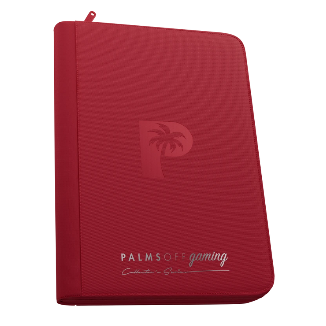 Palms Off Gaming - Collector's Series - 9 Pocket Zip Trading Card Binder closed, highlighting its textured PU leather cover and steel zipper perimeter. - Red