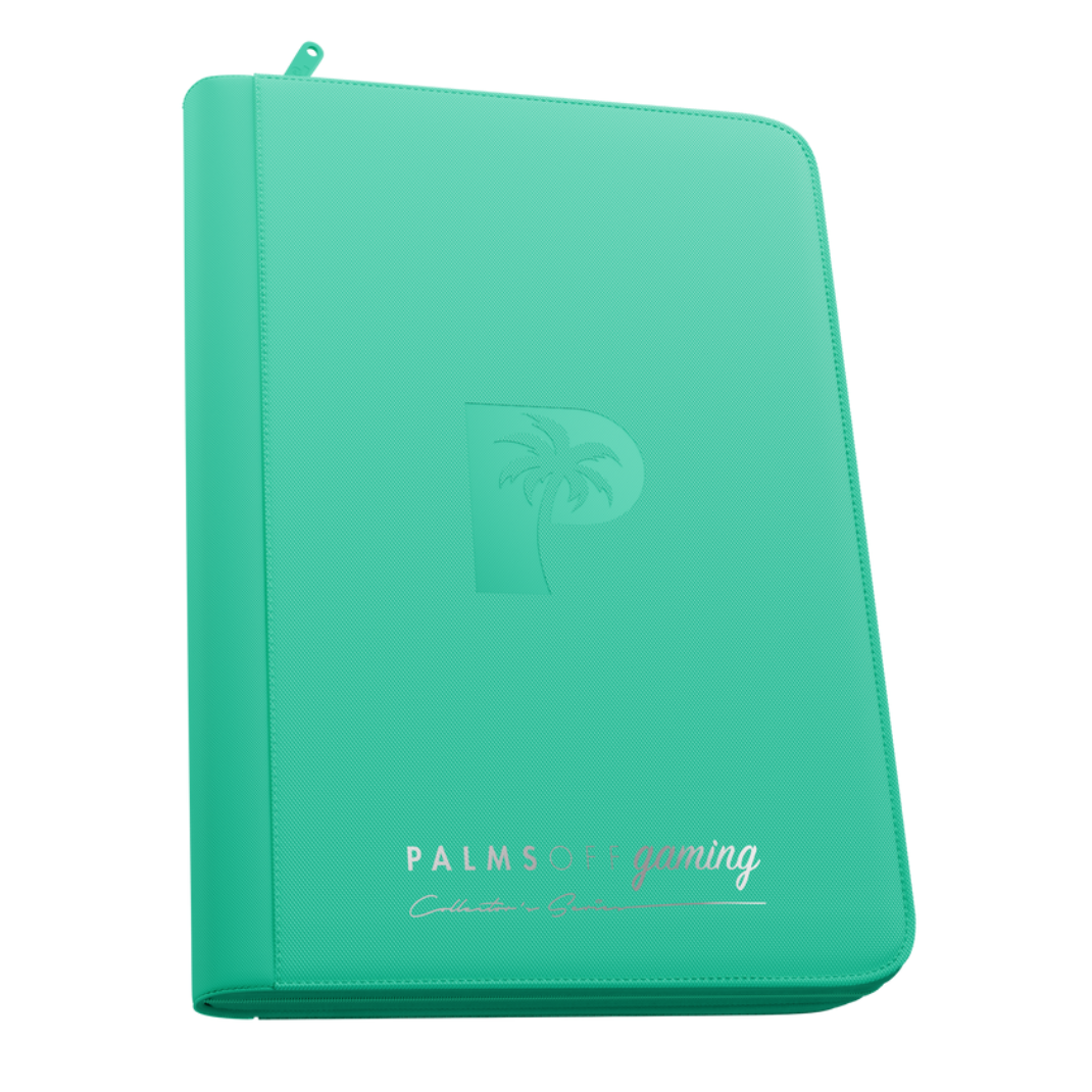 Palms Off Gaming - Collector's Series - 9 Pocket Zip Trading Card Binder closed, highlighting its textured PU leather cover and steel zipper perimeter. - Turquiose