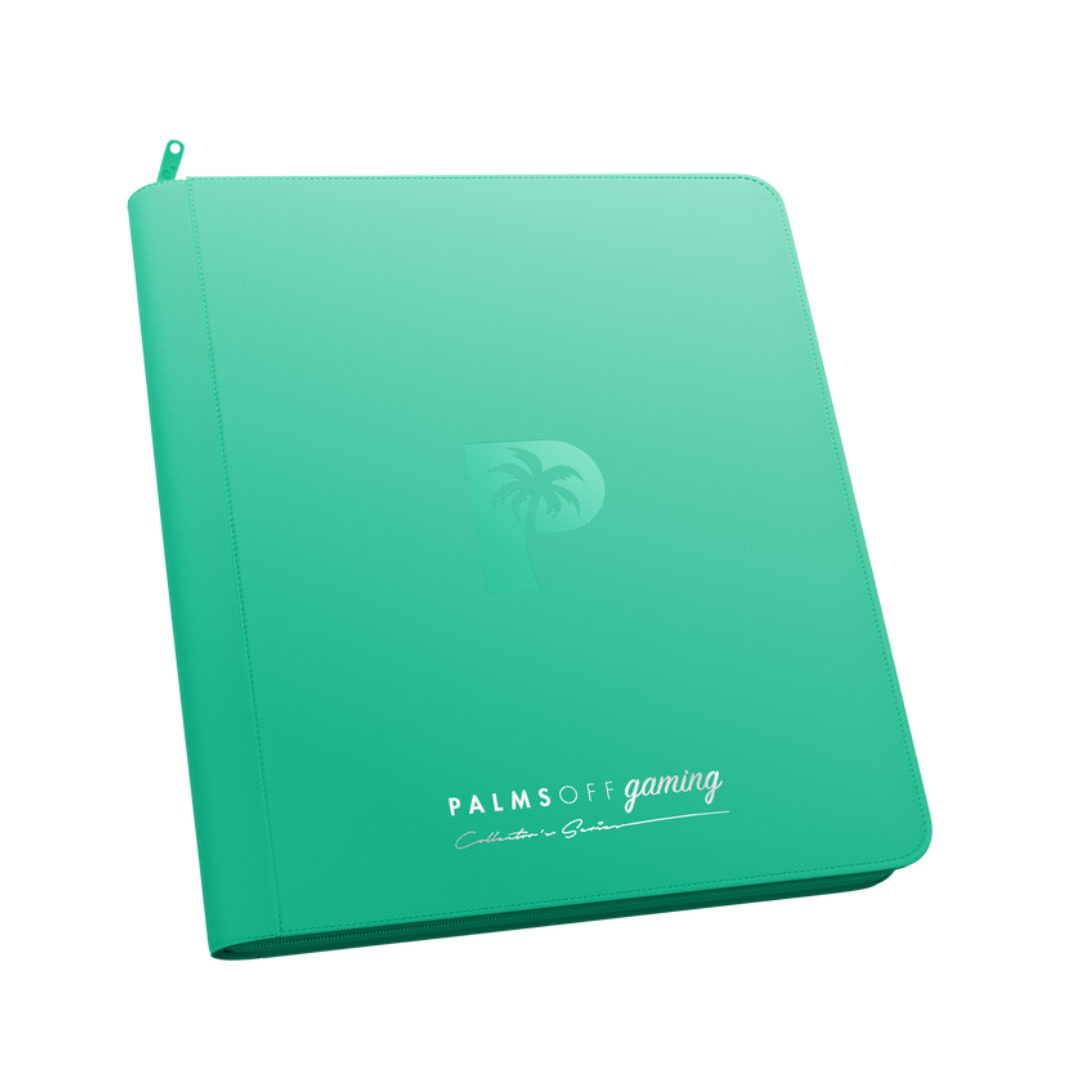 Palms Off Gaming - Collector's Series - 12 Pocket Zip Trading Card Binder closed, highlighting its textured finish and stitched border accents. Turquoise