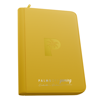 Palms Off Gaming - Collector's Series - 9 Pocket Zip Trading Card Binder closed, highlighting its textured PU leather cover and steel zipper perimeter. Yellow
