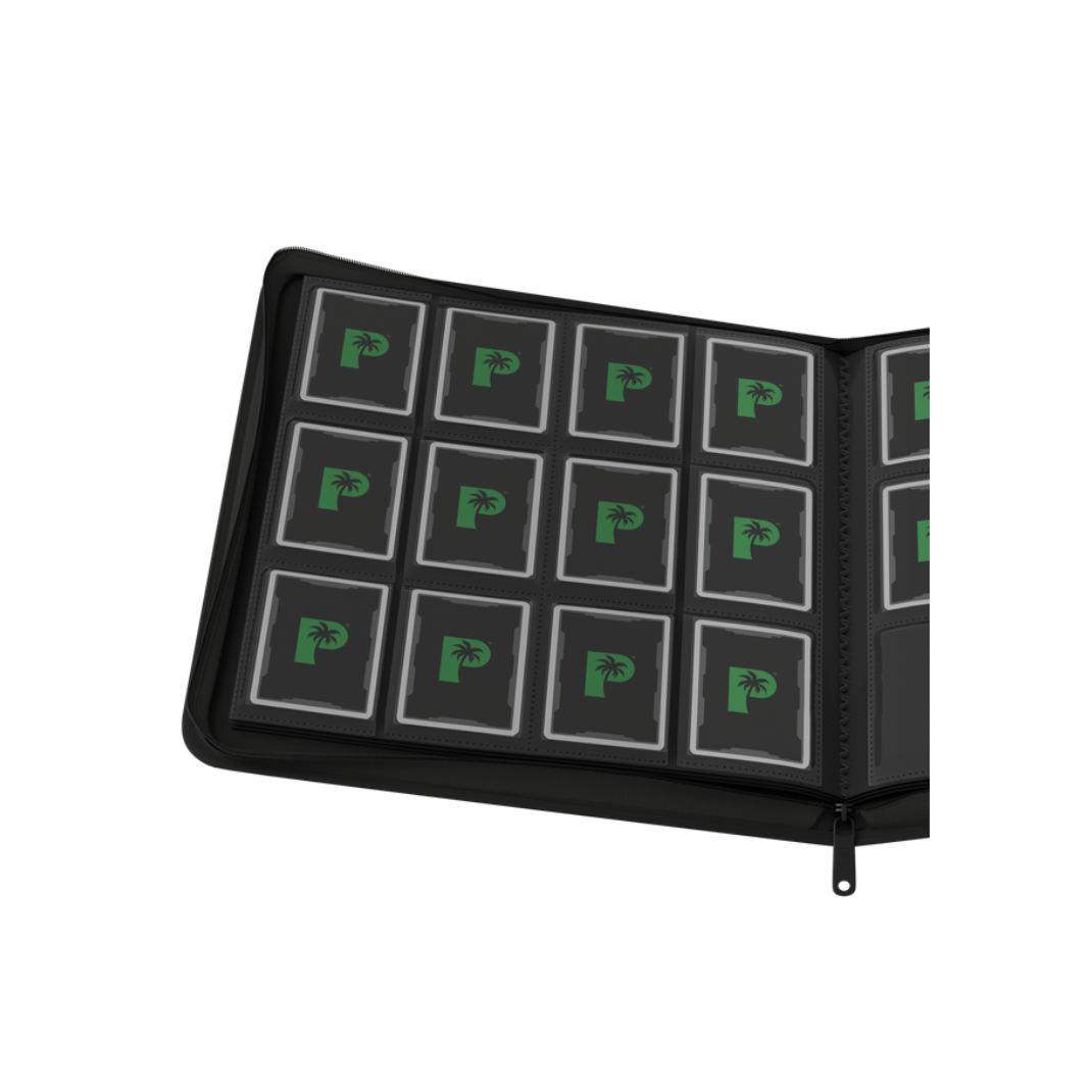 Open view of the 12-pocket clear binder sheets displaying trading cards arranged in a four-column grid setup.
