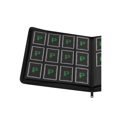 Open view of the 12-pocket clear binder sheets displaying trading cards arranged in a four-column grid setup.