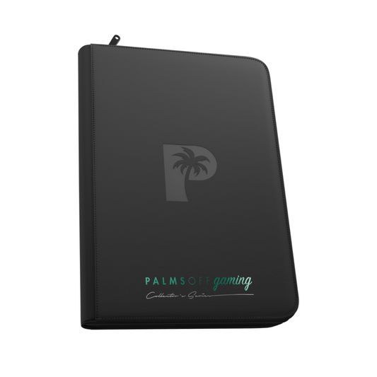 The Palms Off Gaming Collector's Series 9-Pocket Top Loader Zip Binder in Black, shown with its premium microfibre drawstring bag and a peek at the velvet interior.
