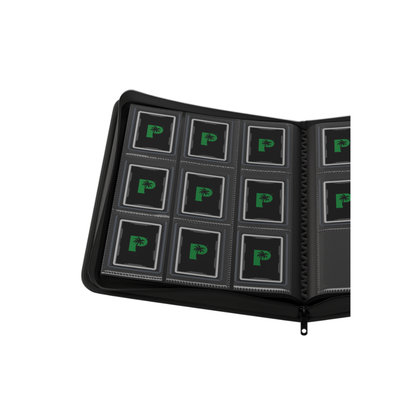 The Palms Off Gaming Collector's Series 9-Pocket Top Loader Zip Binder in Black, shown with its premium microfibre drawstring bag and a peek at the velvet interior.