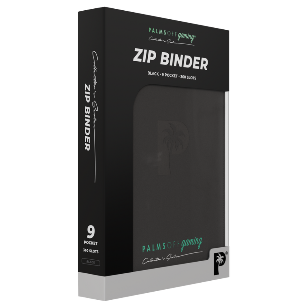 Black zip binder packaging with 'Palms Off Gaming' branding on a white background - 9 pocket