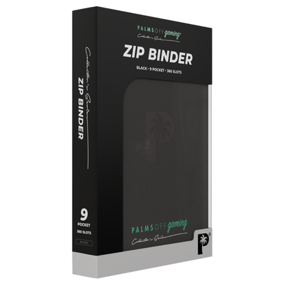 Black zip binder packaging with 'Palms Off Gaming' branding on a white background - 9 pocket