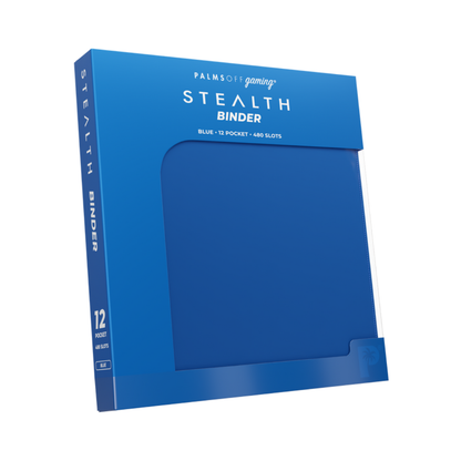 The Palms Off Gaming Stealth 12-Pocket Zip Binder in Blue, showing the wide 4x3 pocket layout and the sleek, logo-free blue exterior.
