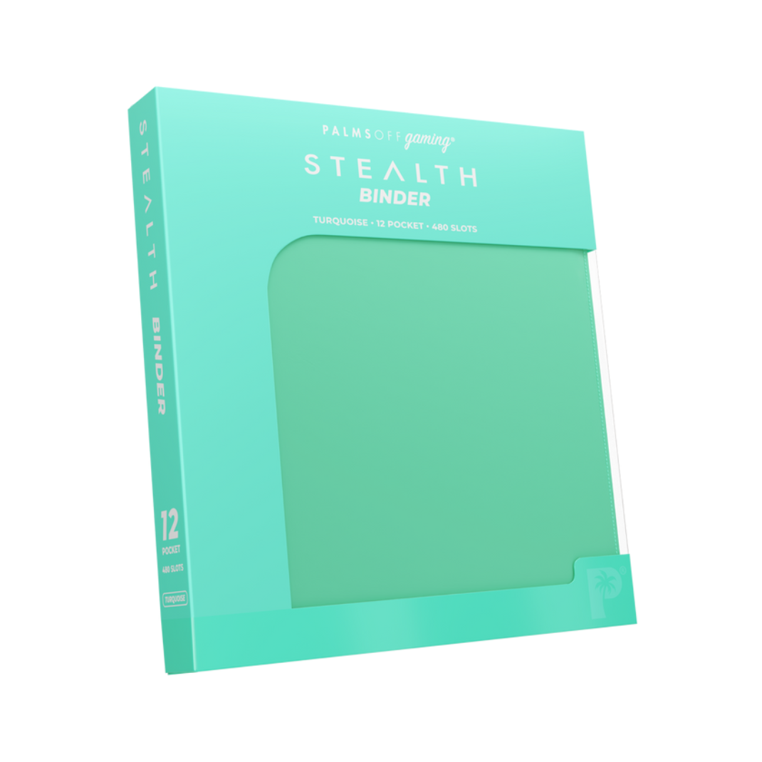 The Palms Off Gaming Stealth 12-Pocket Zip Binder in Turquoise, featuring a smooth logo-free exterior and a premium steel zipper.