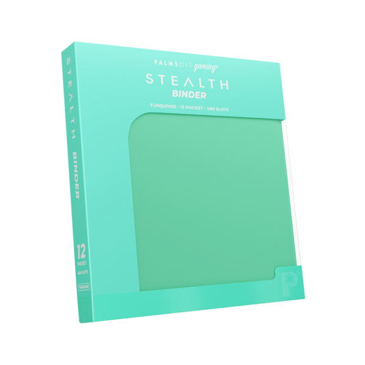 The Palms Off Gaming Stealth 12-Pocket Zip Binder in Turquoise, featuring a smooth logo-free exterior and a premium steel zipper.