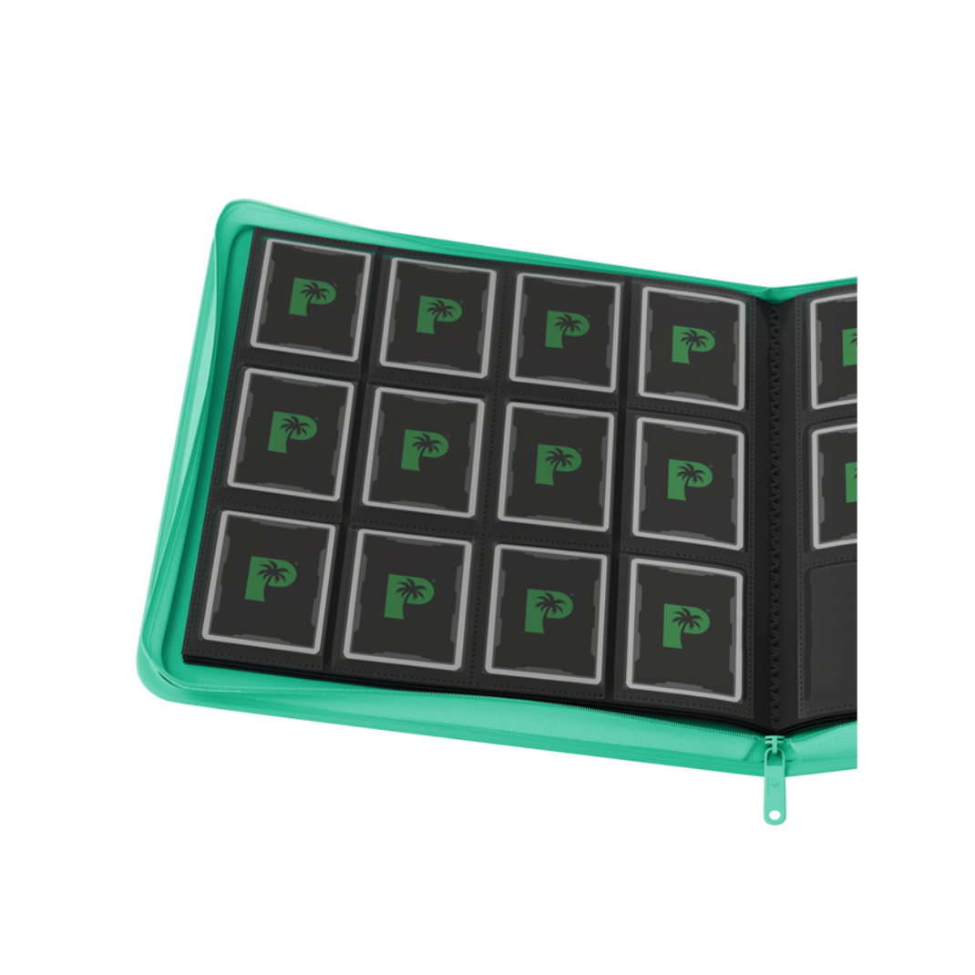 The Palms Off Gaming Stealth 12-Pocket Zip Binder in Turquoise, featuring a smooth logo-free exterior and a premium steel zipper.