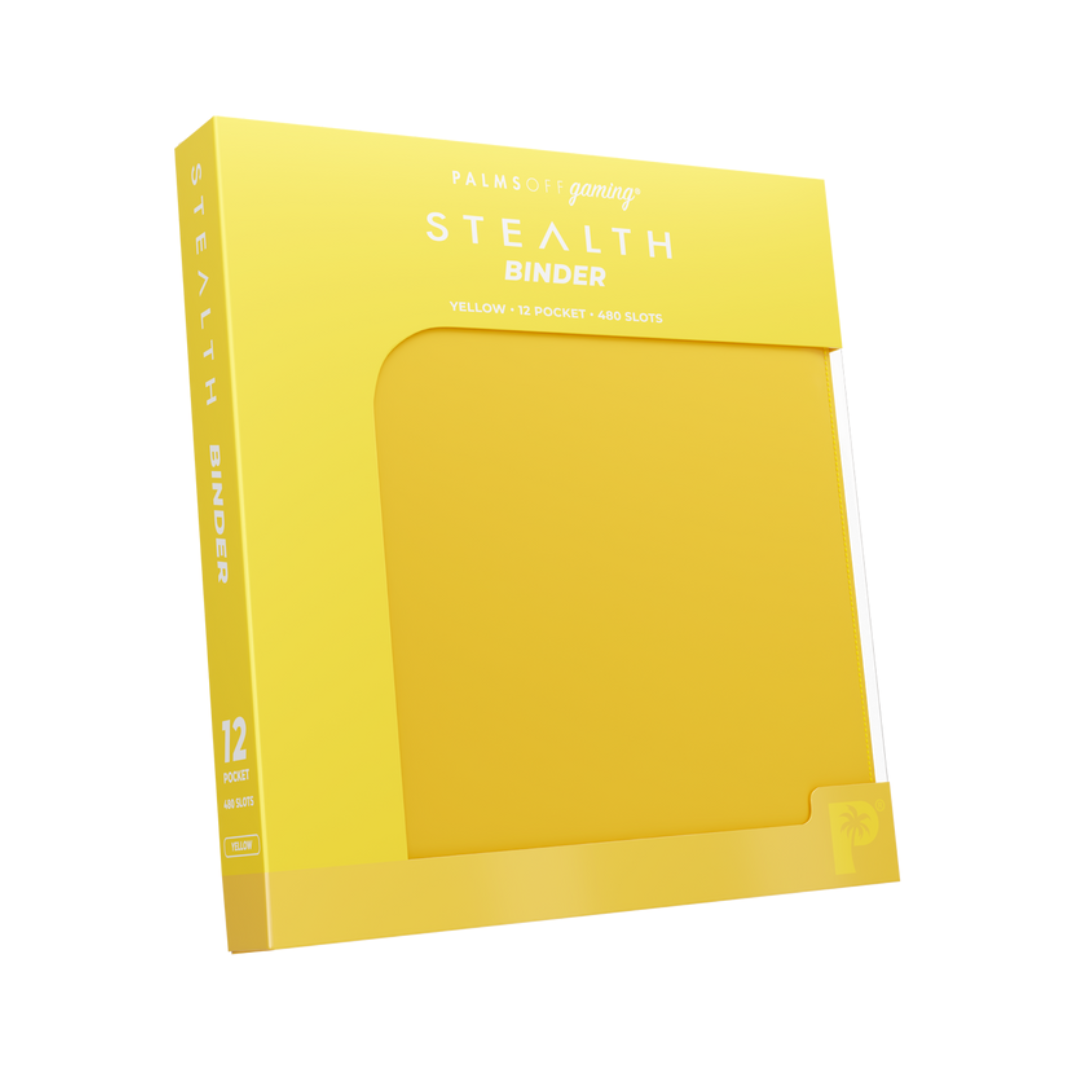 The Palms Off Gaming Stealth 12-Pocket Zip Binder in Yellow, showing its smooth, logo-free exterior and high-quality steel zipper.
