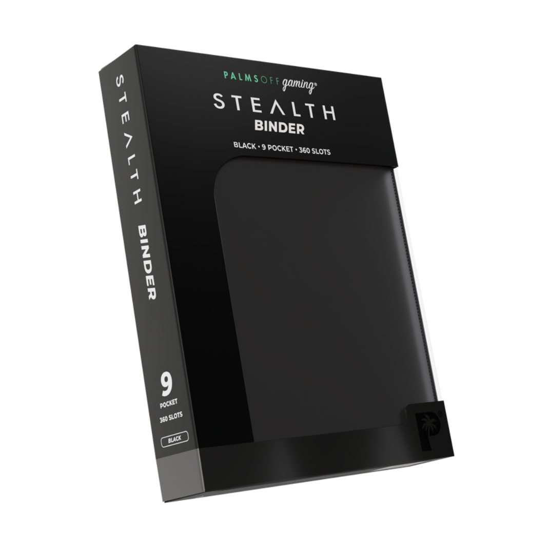 The Palms Off Gaming Stealth 9-Pocket Zip Binder in Black, showing its smooth, logo-free water-resistant exterior and steel zipper.