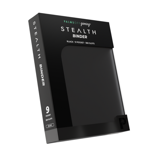 The Palms Off Gaming Stealth 9-Pocket Zip Binder in Black, showing its smooth, logo-free water-resistant exterior and steel zipper.