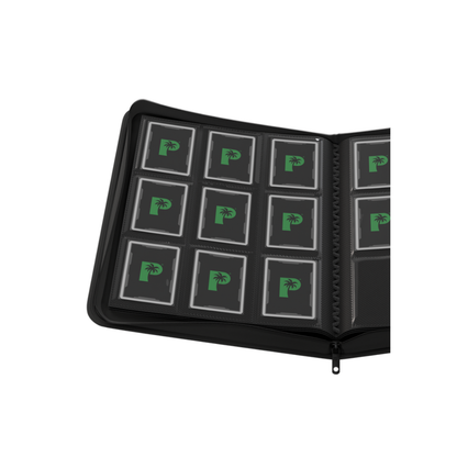 The Palms Off Gaming Stealth 9-Pocket Zip Binder in Black, showing its smooth, logo-free water-resistant exterior and steel zipper.