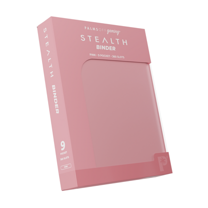 The Palms Off Gaming Stealth 9-Pocket Zip Binder in Pink, showing the smooth, logo-free water-resistant exterior and the durable steel zipper.