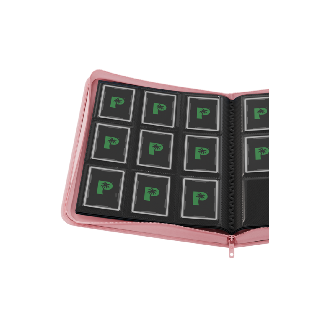 The Palms Off Gaming Stealth 9-Pocket Zip Binder in Pink, showing the smooth, logo-free water-resistant exterior and the durable steel zipper.
