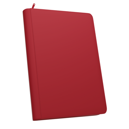 The Palms Off Gaming Stealth 9-Pocket Zip Binder in Red, showing its smooth, logo-free exterior and high-quality steel zipper.