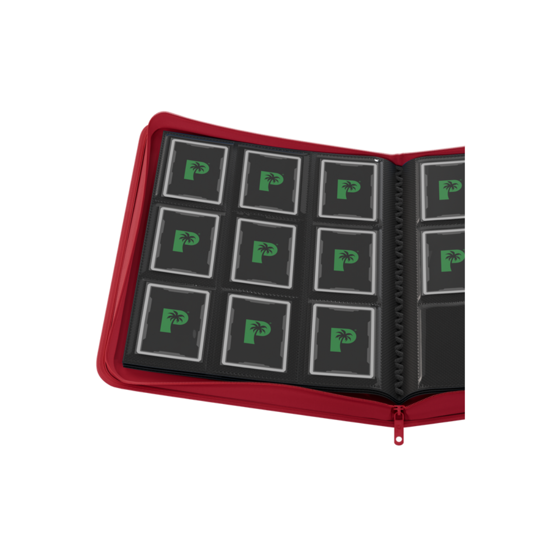 The Palms Off Gaming Stealth 9-Pocket Zip Binder in Red, showing its smooth, logo-free exterior and high-quality steel zipper.