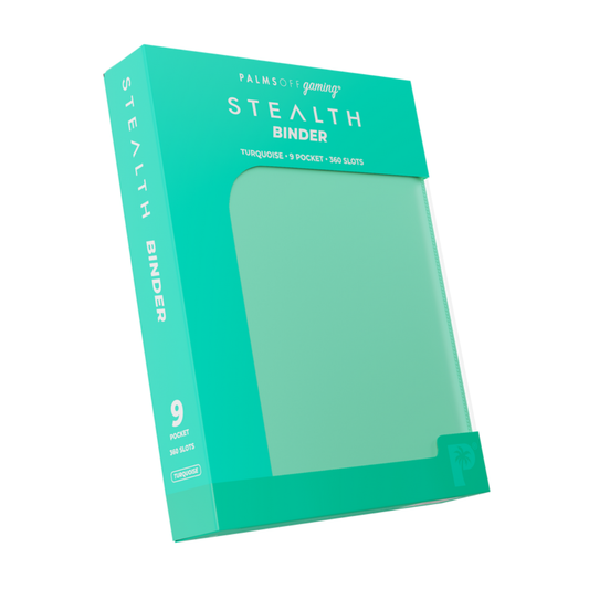 The Palms Off Gaming Stealth 9-Pocket Zip Binder in Turquoise, featuring a smooth logo-free exterior and a premium steel zipper.