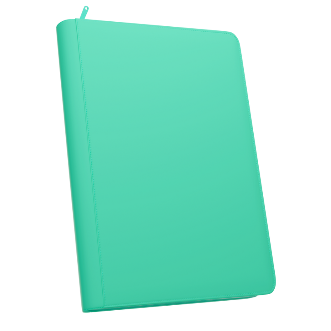The Palms Off Gaming Stealth 9-Pocket Zip Binder in Turquoise, featuring a smooth logo-free exterior and a premium steel zipper.