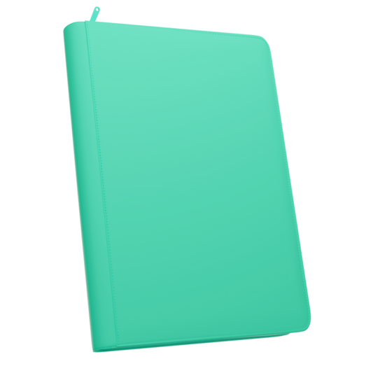 The Palms Off Gaming Stealth 9-Pocket Zip Binder in Turquoise, featuring a smooth logo-free exterior and a premium steel zipper.