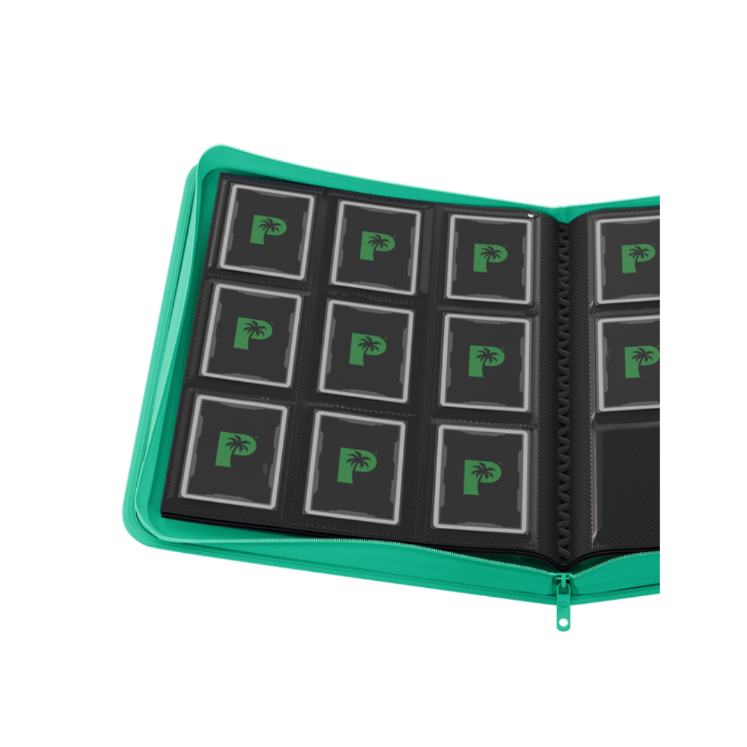 The Palms Off Gaming Stealth 9-Pocket Zip Binder in Turquoise, featuring a smooth logo-free exterior and a premium steel zipper.