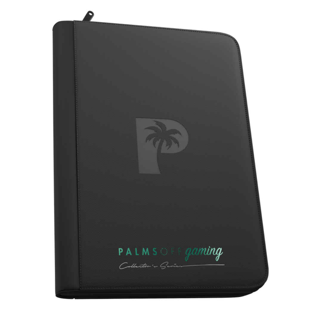 Palms Off Gaming - Collector's Series - 9 Pocket Zip Trading Card Binder closed, highlighting its textured PU leather cover and steel zipper perimeter. - Black
