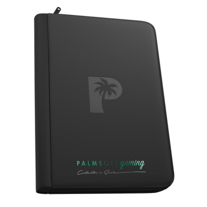 Palms Off Gaming - Collector's Series - 9 Pocket Zip Trading Card Binder closed, highlighting its textured PU leather cover and steel zipper perimeter. - Black
