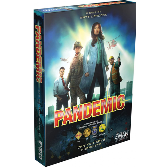 Pandemic board game box cover showing specialists and a world map with biohazard symbols.